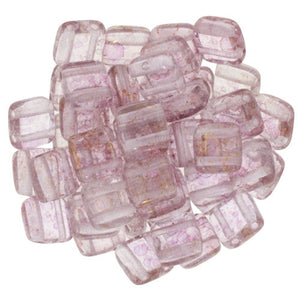 Czechmate 6mm Square Glass Czech Two Hole Tile Bead, Luster Transparent Topaz/Pink - Barrel of Beads