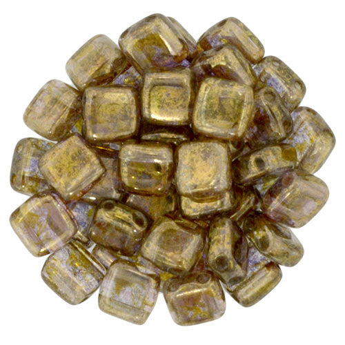 Czechmate 6mm Square Glass Czech Two Hole Tile Bead, Luster Transparent Gold/Sm.Topaz - Barrel of Beads