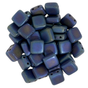 Czechmate 6mm Square Glass Czech Two Hole Tile Bead, Matte Iris Blue - Barrel of Beads