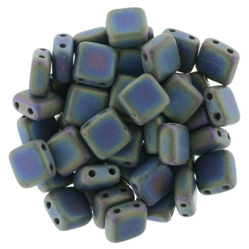Czechmate 6mm Square Glass Czech Two Hole Tile Bead, Matte Iris Green - Barrel of Beads