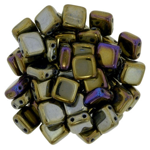 6mm Square Glass Czech Two Hole Tile Bead, Purple Iris Gold