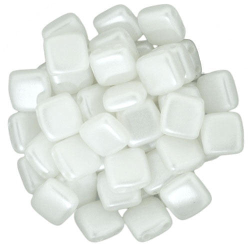 Czechmate 6mm Square Glass Czech Two Hole Tile Bead, Pearl Coat-White - Barrel of Beads