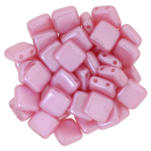Czechmate 6mm Square Glass Czech Two Hole Tile Bead, Pearl Coat-Pink - Barrel of Beads