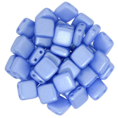Czechmate 6mm Square Glass Czech Two Hole Tile Bead, Pearl Coat - Baby Blue - Barrel of Beads