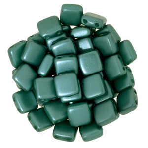 Czechmate 6mm Square Glass Czech Two Hole Tile Bead, Pearl Coat - Teal - Barrel of Beads