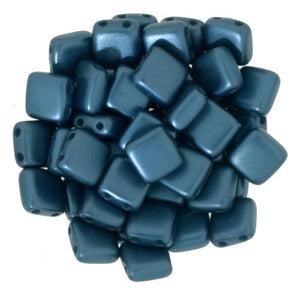 Czechmate 6mm Square Glass Czech Two Hole Tile Bead, Pearl Coat - Steel Blue - Barrel of Beads