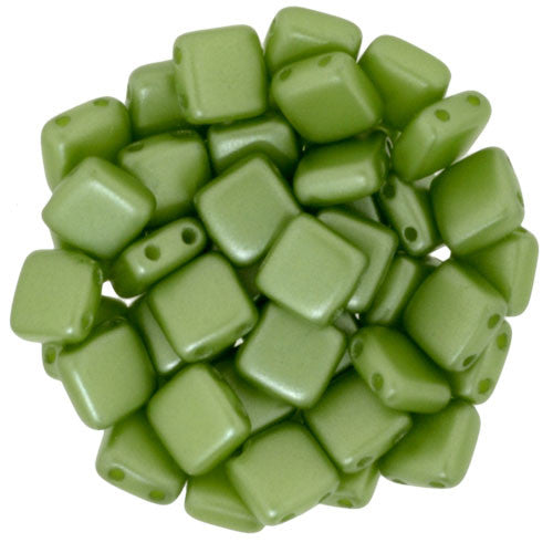 Czechmate 6mm Square Glass Czech Two Hole Tile Bead, Pearl Coat - Olive - Barrel of Beads