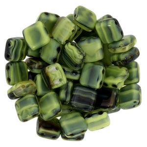 Czechmate 6mm Square Glass Czech Two Hole Tile Bead, Opaque Yellow/Jet - Barrel of Beads