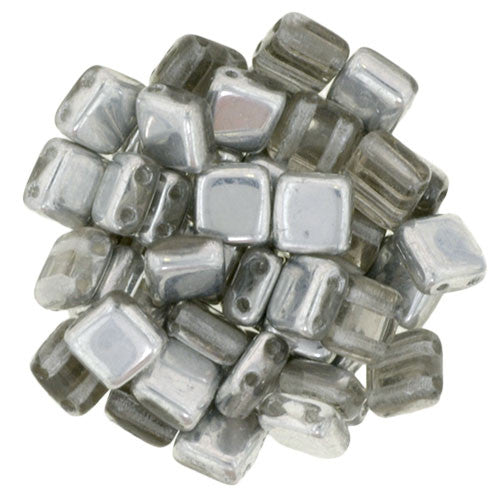 Czechmate 6mm Square Glass Czech Two Hole Tile Bead, Silver - 1/2 Coat - Barrel of Beads