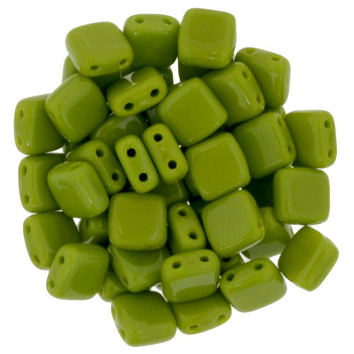 Czechmate 6mm Square Glass Czech Two Hole Tile Bead, Opaque Olive - Barrel of Beads