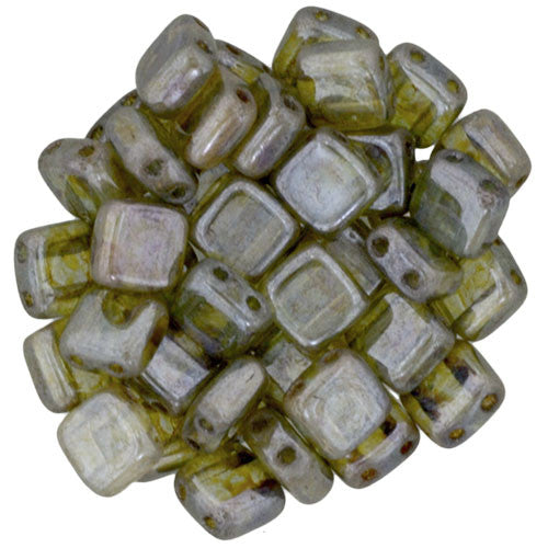 Czechmate 6mm Square Glass Czech Two Hole Tile Bead, Luster Transparent Green - Barrel of Beads