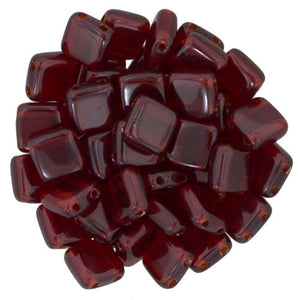 Czechmate 6mm Square Glass Czech Two Hole Tile Bead, Ruby - Barrel of Beads
