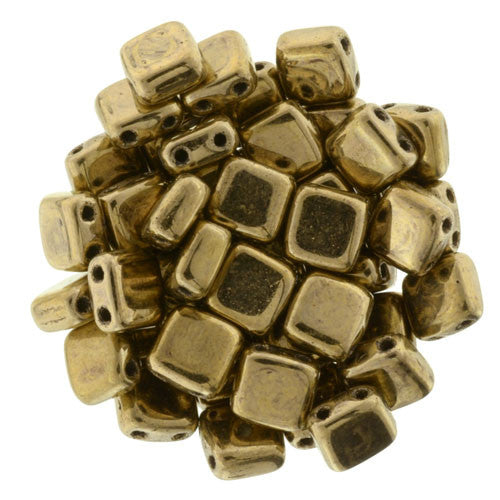 6mm Square Glass Czech Two Hole Tile Bead, Bronze Gold Matte