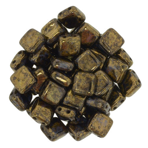 Czechmate 6mm Square Glass Czech Two Hole Tile Bead, Jet/Bronze Picasso - Barrel of Beads