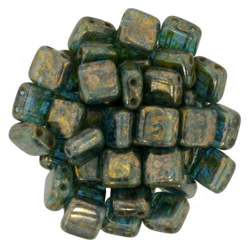 Czechmate 6mm Square Glass Czech Two Hole Tile Bead, Bronze Picasso Teall - Barrel of Beads