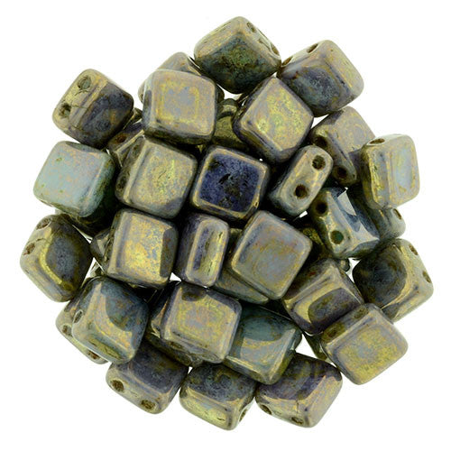 Czechmate 6mm Square Glass Czech Two Hole Tile Bead, Bronze Picasso/Opaque Pale Jade - Barrel of Beads