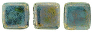 Czechmate 6mm Square Glass Czech Two Hole Tile Bead, Bronze Picasso/Turquoise - Barrel of Beads