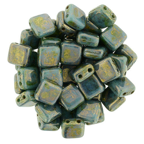 Czechmate 6mm Square Glass Czech Two Hole Tile Bead, Bronze Picasso/Turquoise - Barrel of Beads