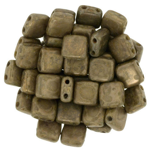 Czechmate 6mm Square Glass Czech Two Hole Tile Bead, Milky Caramel/Bronze Picasso - Barrel of Beads