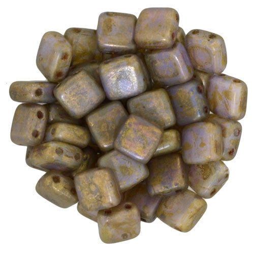Czechmate 6mm Square Glass Czech Two Hole Tile Bead, Milky Alexandrite/Copper Picasso - Barrel of Beads