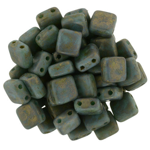 Czechmate 6mm Square Glass Czech Two Hole Tile Bead, Copper Picasso Turquoise - Barrel of Beads