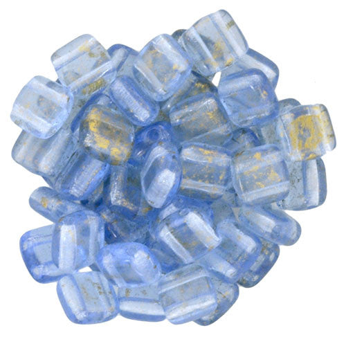 Czechmate 6mm Square Glass Czech Two Hole Tile Bead, Gold Marbled/Lt Sapphire - Barrel of Beads