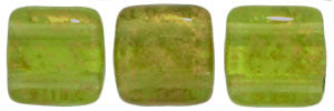 Czechmate 6mm Square Glass Czech Two Hole Tile Bead, Gold Marbled Olivine - Barrel of Beads