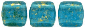 Czechmate 6mm Square Glass Czech Two Hole Tile Bead, Gold Marbled/Capri Blue - Barrel of Beads