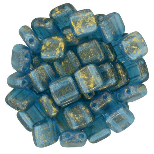 Czechmate 6mm Square Glass Czech Two Hole Tile Bead, Gold Marbled/Capri Blue - Barrel of Beads