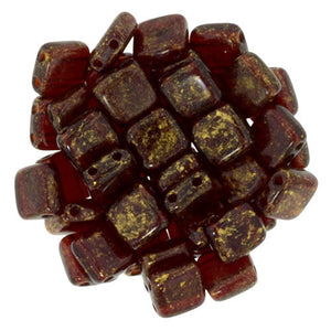 Czechmate 6mm Square Glass Czech Two Hole Tile Bead, Gold Marbled  Ruby - Barrel of Beads