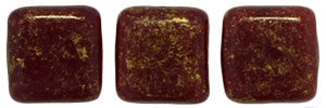 Czechmate 6mm Square Glass Czech Two Hole Tile Bead, Oxblood/Gold Marbled - Barrel of Beads
