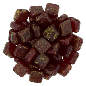 Czechmate 6mm Square Glass Czech Two Hole Tile Bead, Oxblood/Gold Marbled - Barrel of Beads