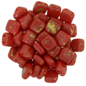Czechmate 6mm Square Glass Czech Two Hole Tile Bead, Opaque Red/Marbled Gold - Barrel of Beads