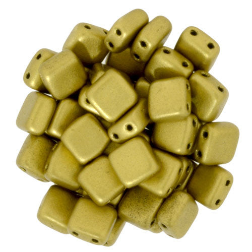 Czechmate 6mm Square Glass Czech Two Hole Tile Bead, Matte Metallic Aztec Gold - Barrel of Beads