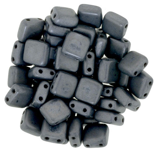 Czechmate 6mm Square Glass Czech Two Hole Tile Bead, Matte Hematite - Barrel of Beads