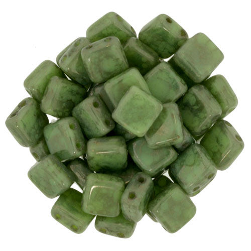 Czechmate 6mm Square Glass Czech Two Hole Tile Bead, Honeydew - Moon Dust - Barrel of Beads