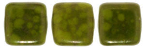 Czechmate 6mm Square Glass Czech Two Hole Tile Bead, Opaque Olive Moon Dust - Barrel of Beads
