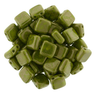 Czechmate 6mm Square Glass Czech Two Hole Tile Bead, Opaque Olive Moon Dust - Barrel of Beads