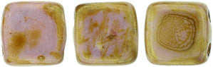 Czechmate 6mm Square Glass Czech Two Hole Tile Bead, Luster Opaque Rose/Gold Topaz - Barrel of Beads