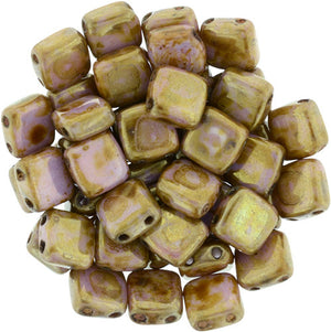 Czechmate 6mm Square Glass Czech Two Hole Tile Bead, Luster Opaque Rose/Gold Topaz - Barrel of Beads