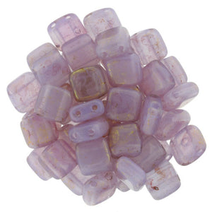 Czechmate 6mm Square Glass Czech Two Hole Tile Bead, Pink/Topaz Luster Milky Alexandrite - Barrel of Beads