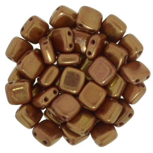 Czechmate 6mm Square Glass Czech Two Hole Tile Bead, Bronze Luster Iris - Opaque Red - Barrel of Beads