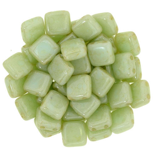 Czechmate 6mm Square Glass Czech Two Hole Tile Bead, Opaque Pale Turq/Star Dust - Barrel of Beads
