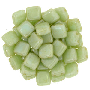 Czechmate 6mm Square Glass Czech Two Hole Tile Bead, Opaque Pale Turq/Star Dust - Barrel of Beads