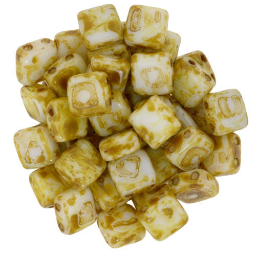 Czechmate 6mm Square Glass Czech Two Hole Tile Bead, Opaque White Picasso - Barrel of Beads