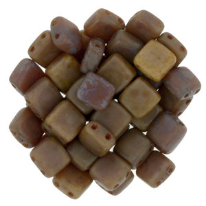Czechmate 6mm Square Glass Czech Two Hole Tile Bead, Brown Caramel Picasso - Barrel of Beads