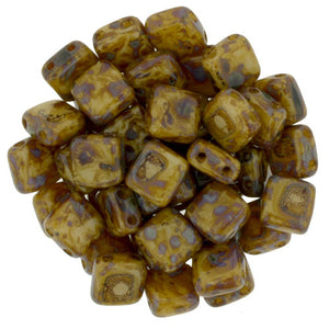 Czechmate 6mm Square Glass Czech Two Hole Tile Bead, Opaque Light Beige Picasso - Barrel of Beads