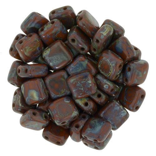 Czechmate 6mm Square Glass Czech Two Hole Tile Bead, Picasso Umber - Barrel of Beads