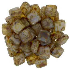 Czechmate 6mm Square Glass Czech Two Hole Tile Bead, Milky Alexandrite Picasso - Barrel of Beads