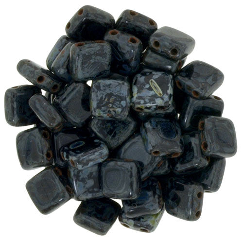 Czechmate 6mm Square Glass Czech Two Hole Tile Bead, Jet Picasso - Barrel of Beads